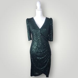 Calvin Klein Green Sequin V-Neck Midi Sheath Dress 3/4 Sleeve Size 14